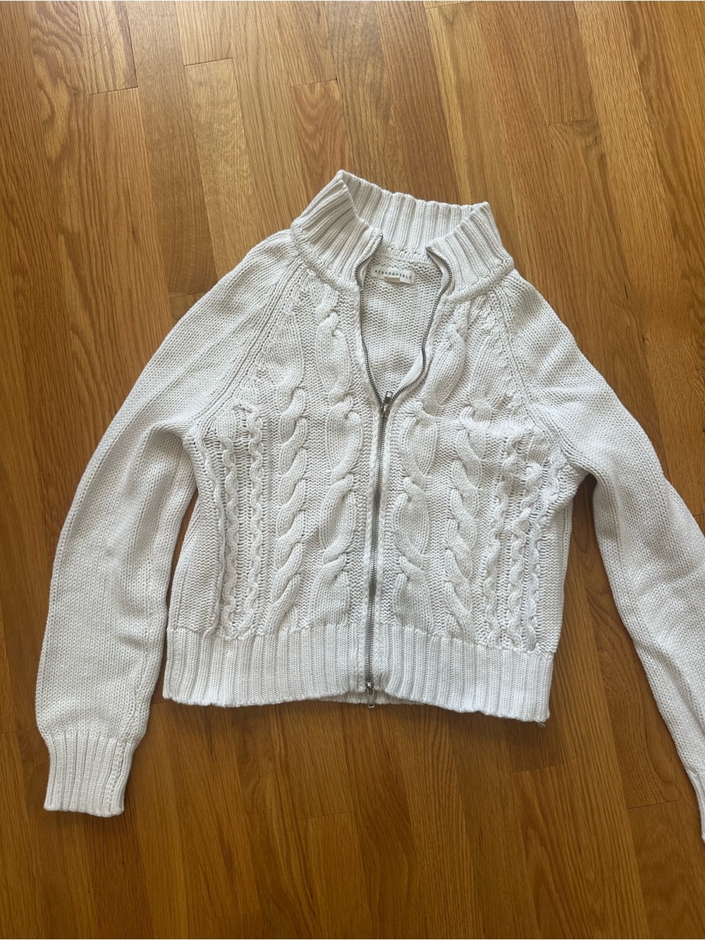 Aeropostale Women's Cream Cable-Knit Zip Cardigan